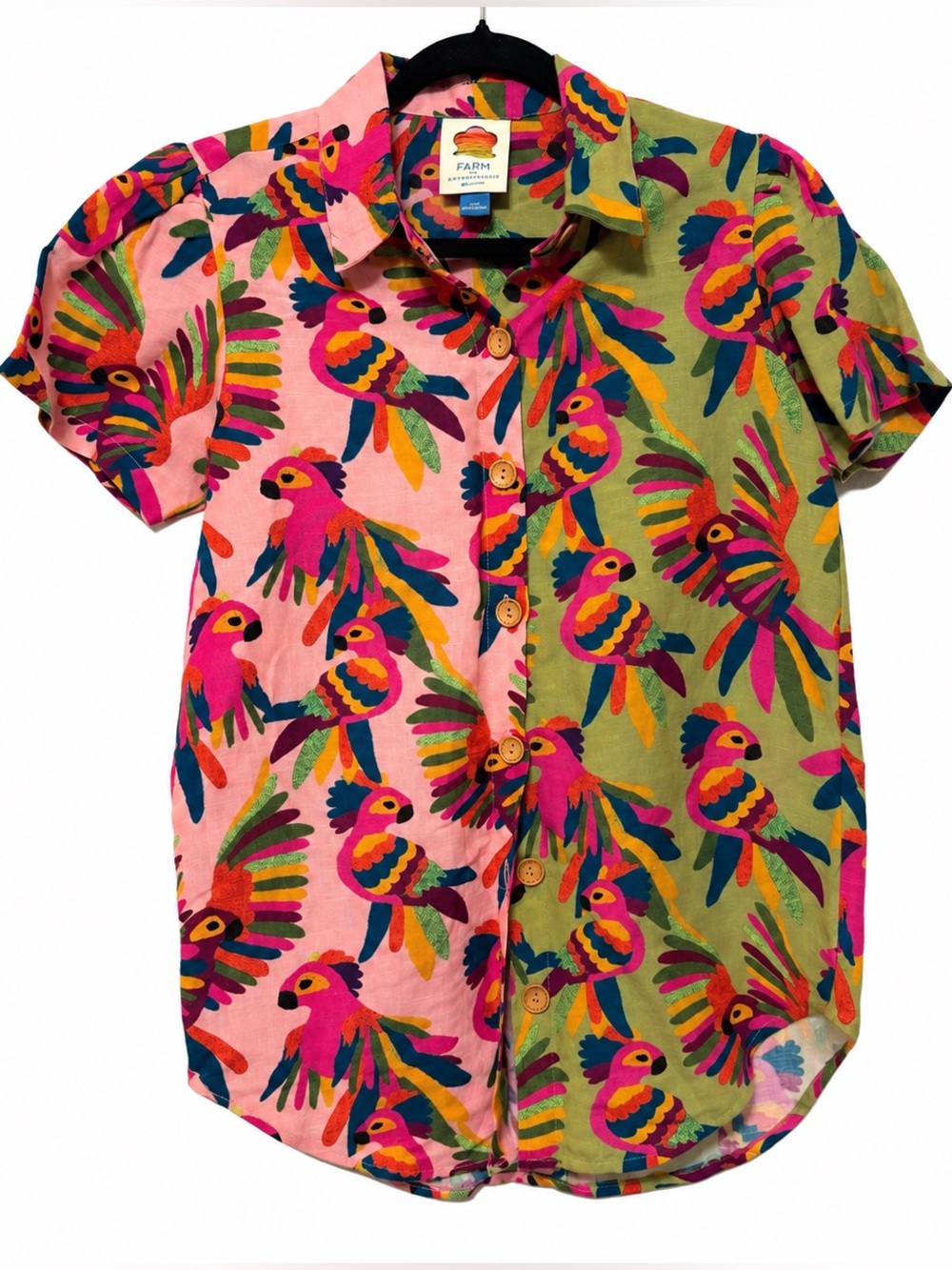 🦋 FARM Rio x Anthropologie| Parrot Print Linen Blend Button Down Shirt XXS